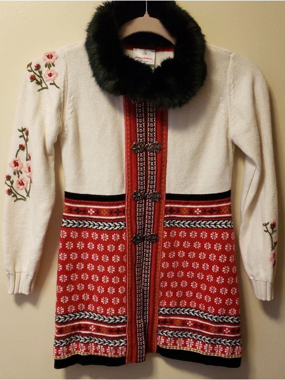 Hanna Andersson Cream Cardigan with Red Nordic Panels and Black Faux Fur Collar